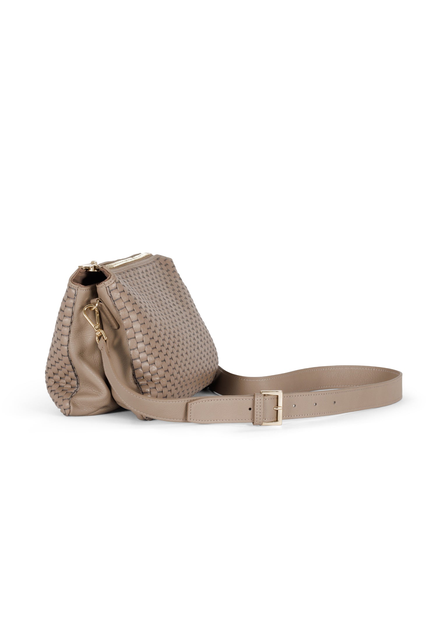 Side profile of the 21 Crossbody Bag in Acacia, showcasing the intricate leather weaving