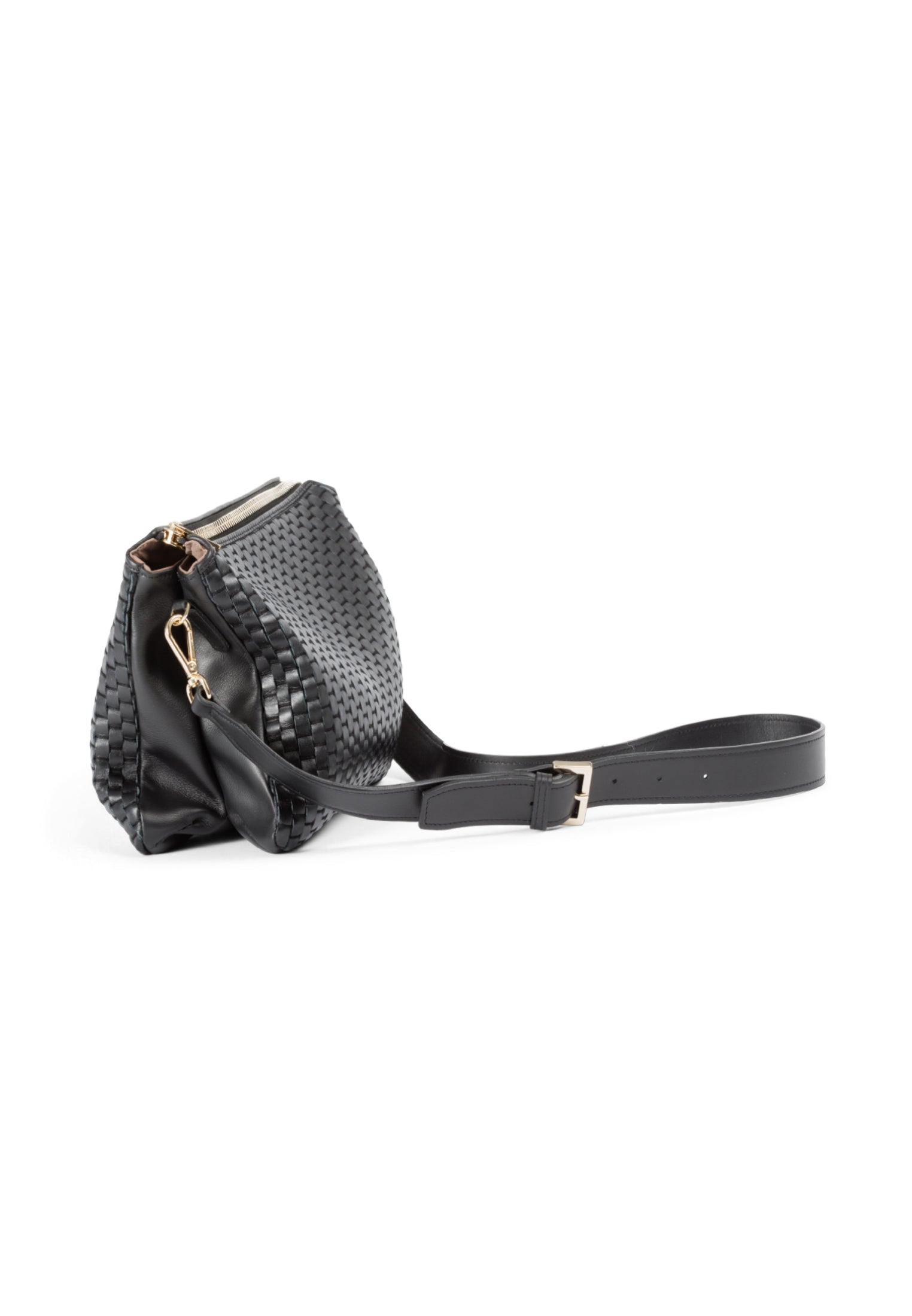Side profile of the 21 Crossbody Bag, showcasing the intricate leather weaving