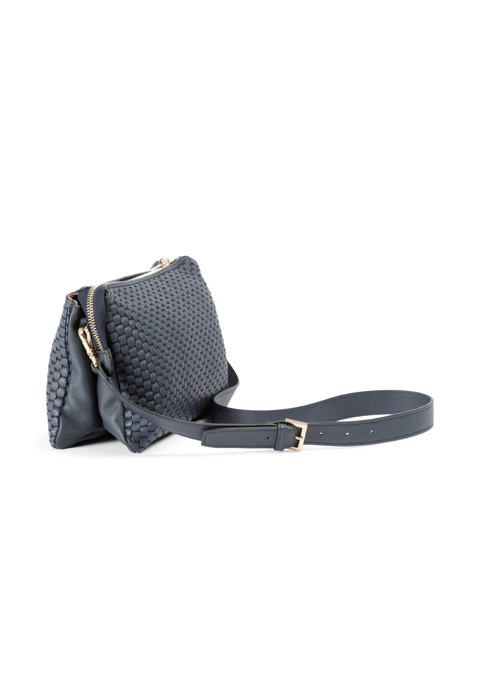 Side profile of the 21 Crossbody Bag, showcasing the intricate leather weaving