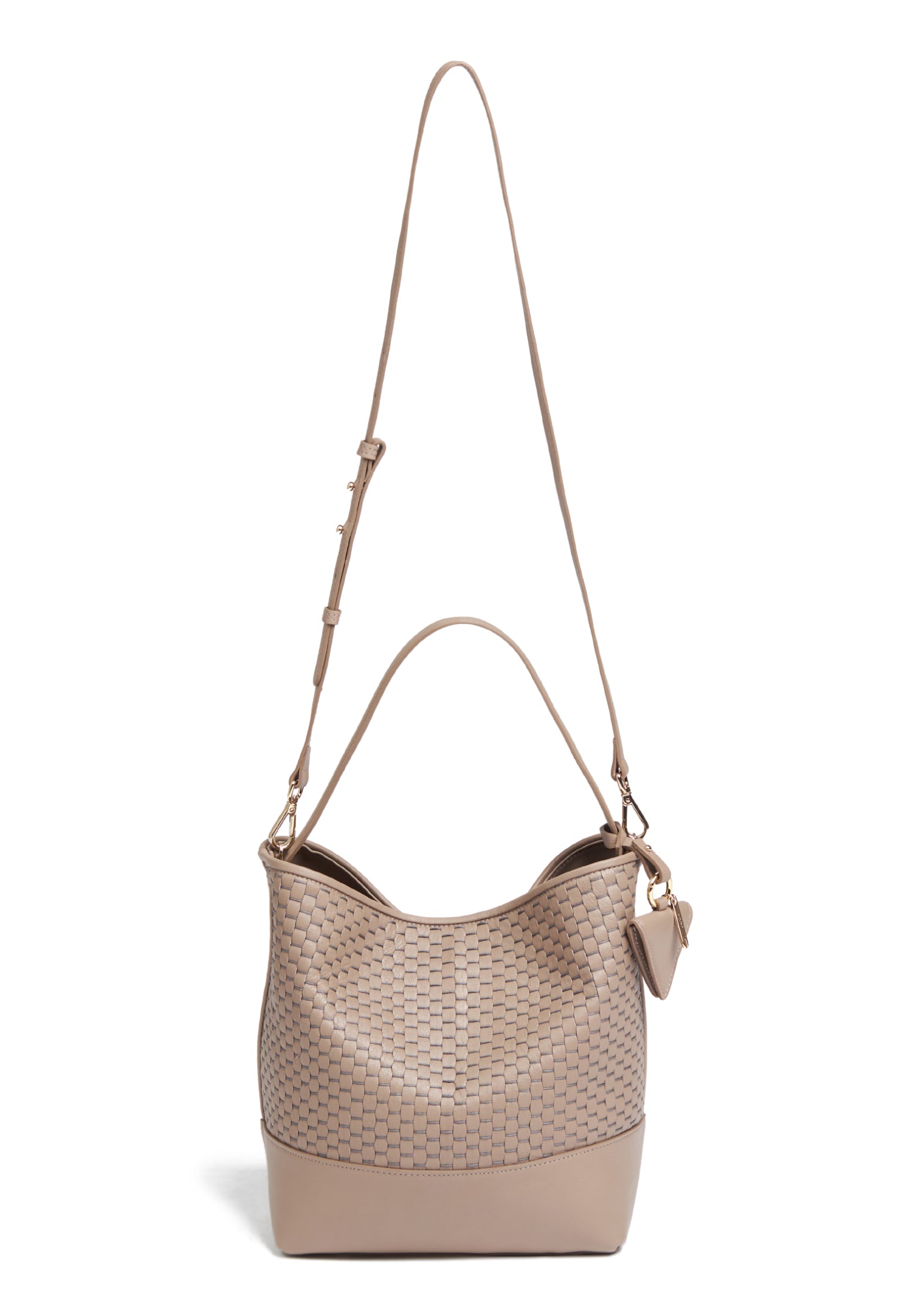 Parise 51 Large Bucket Bag front view showing the adjustable and removable shoulder strap in its full length.