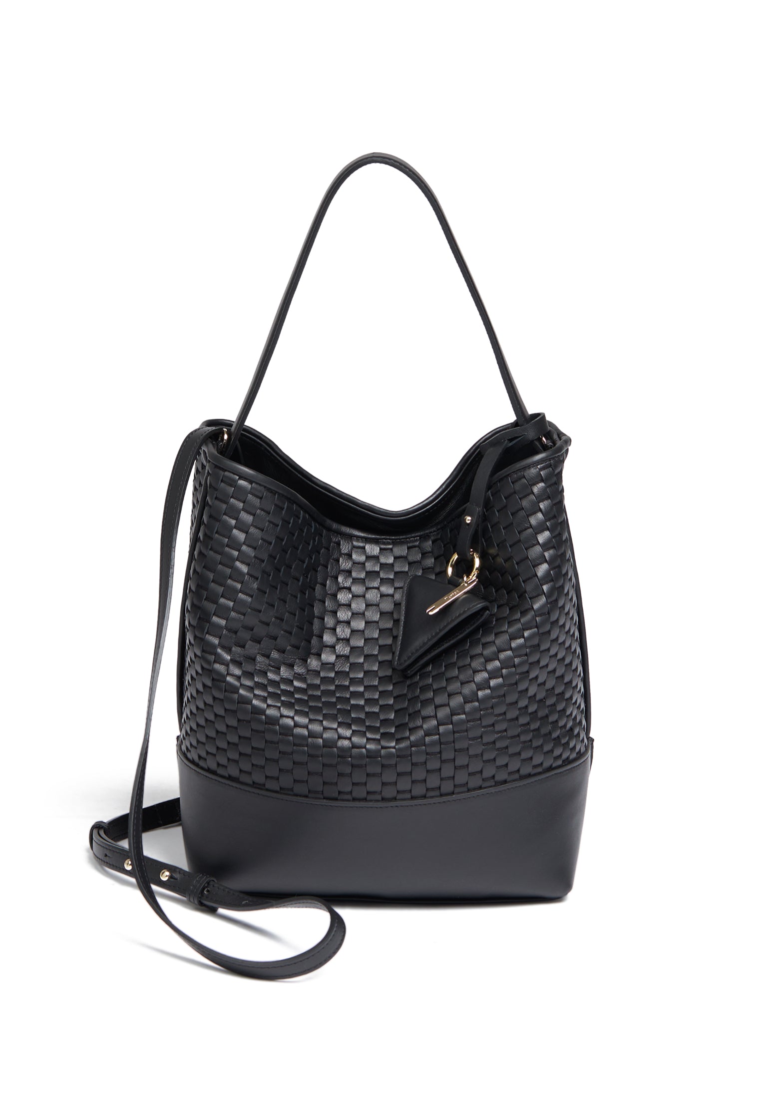 Front view of the Parise 51 Large Bucket Bag, showcasing handwoven Italian leather.