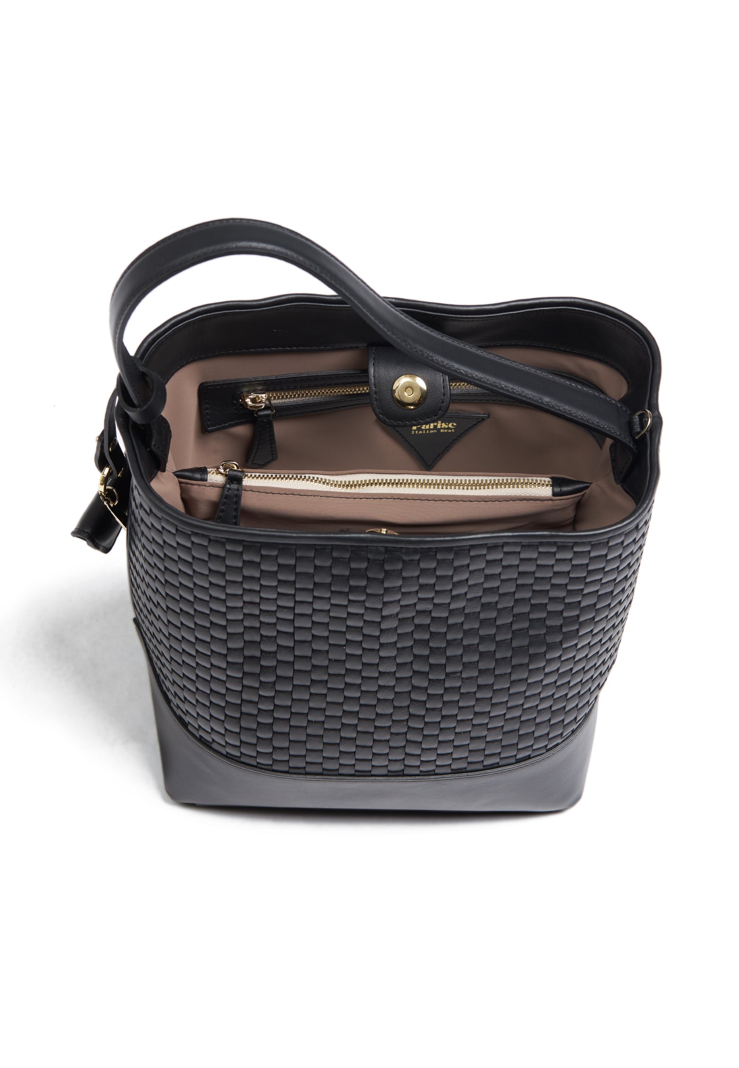 Interior of the 51 Large Bucket Bag, featuring a spacious compartment and premium cotton lining.