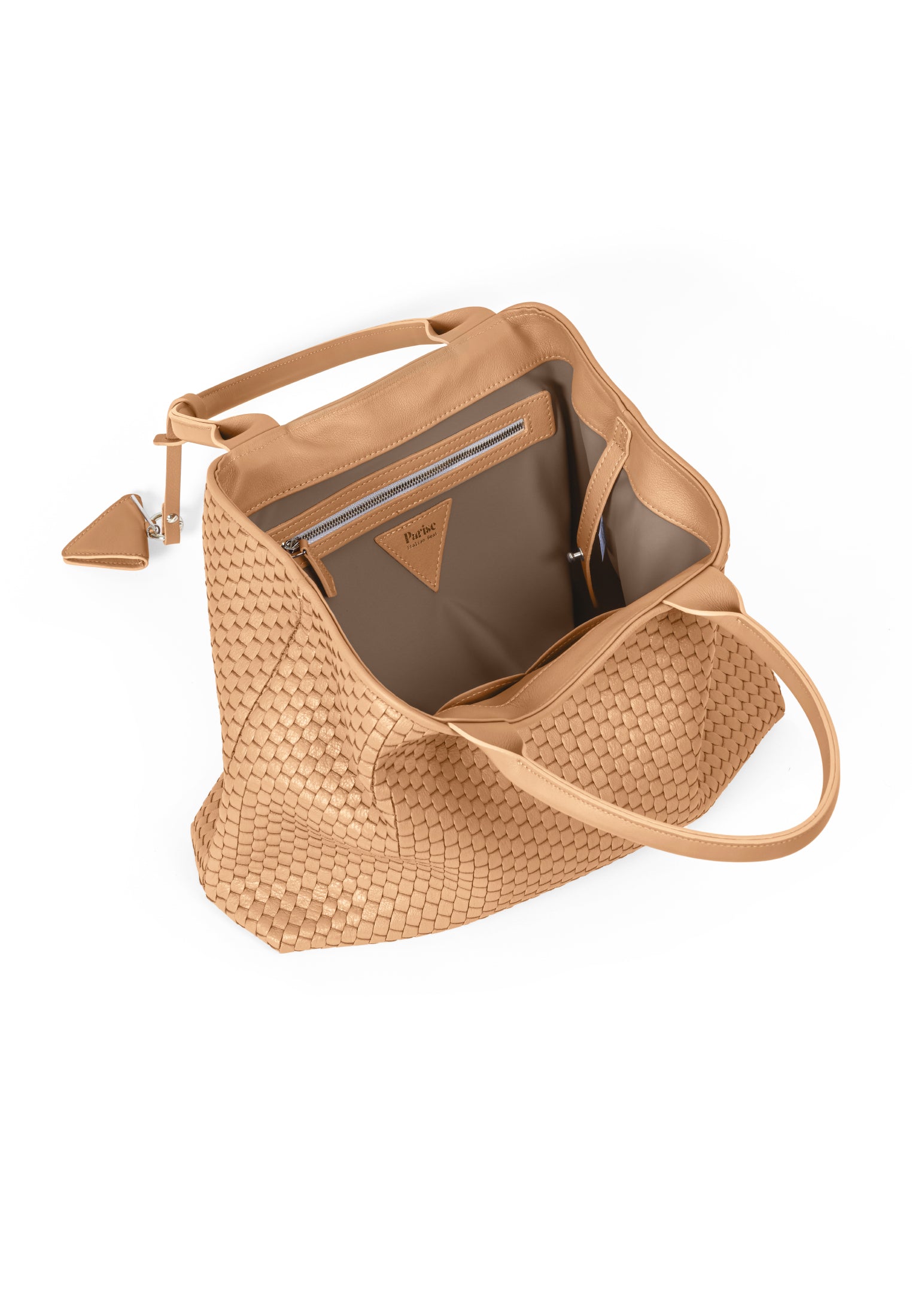 Interior view of the 60 Medium tote in camel, displaying its roomy compartment and high-quality leather lining