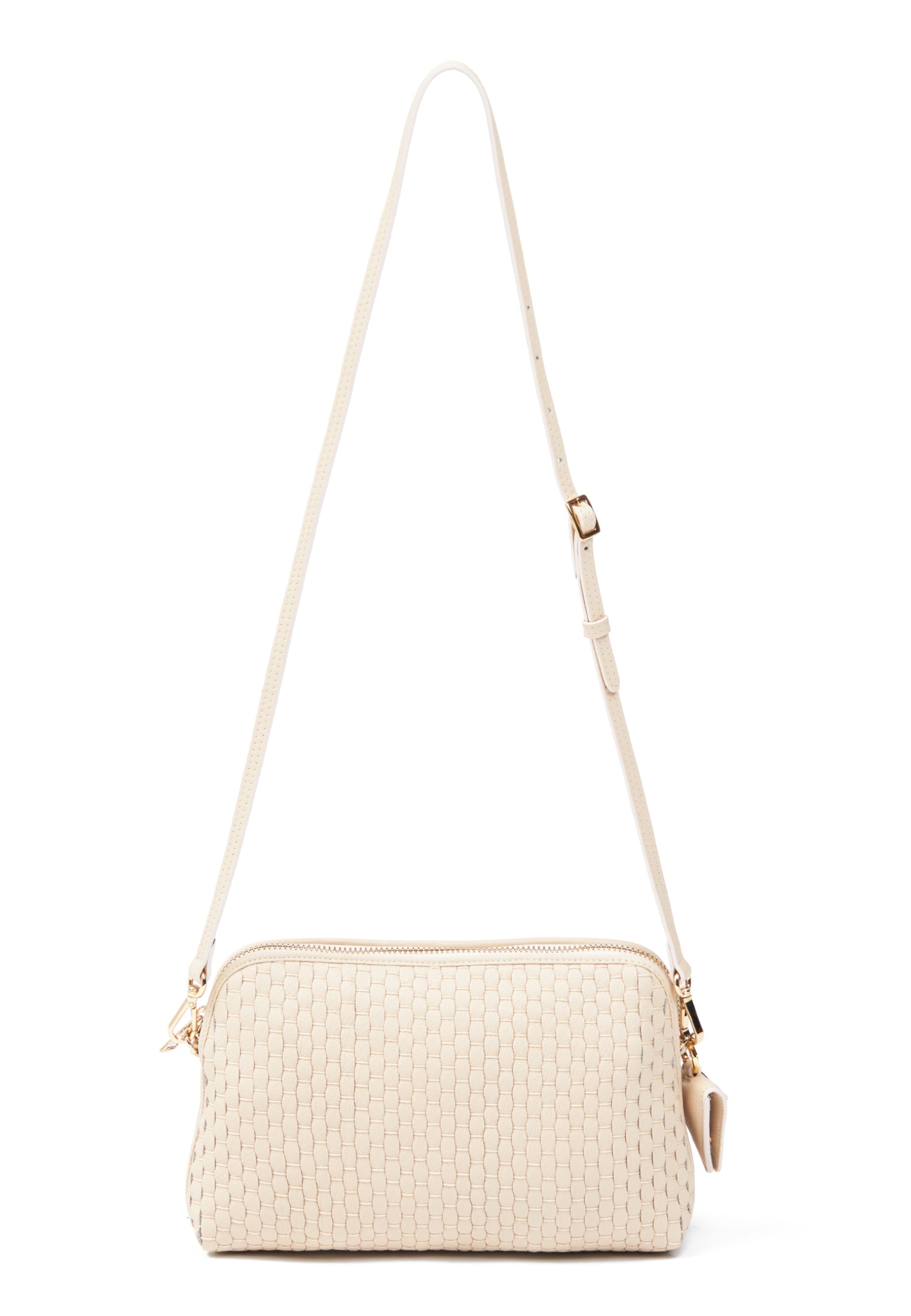 Front view of the 1789 Burro crossbody bag by Parise, showcasing its intricate woven leather craftsmanship and comfortable shoulder strap