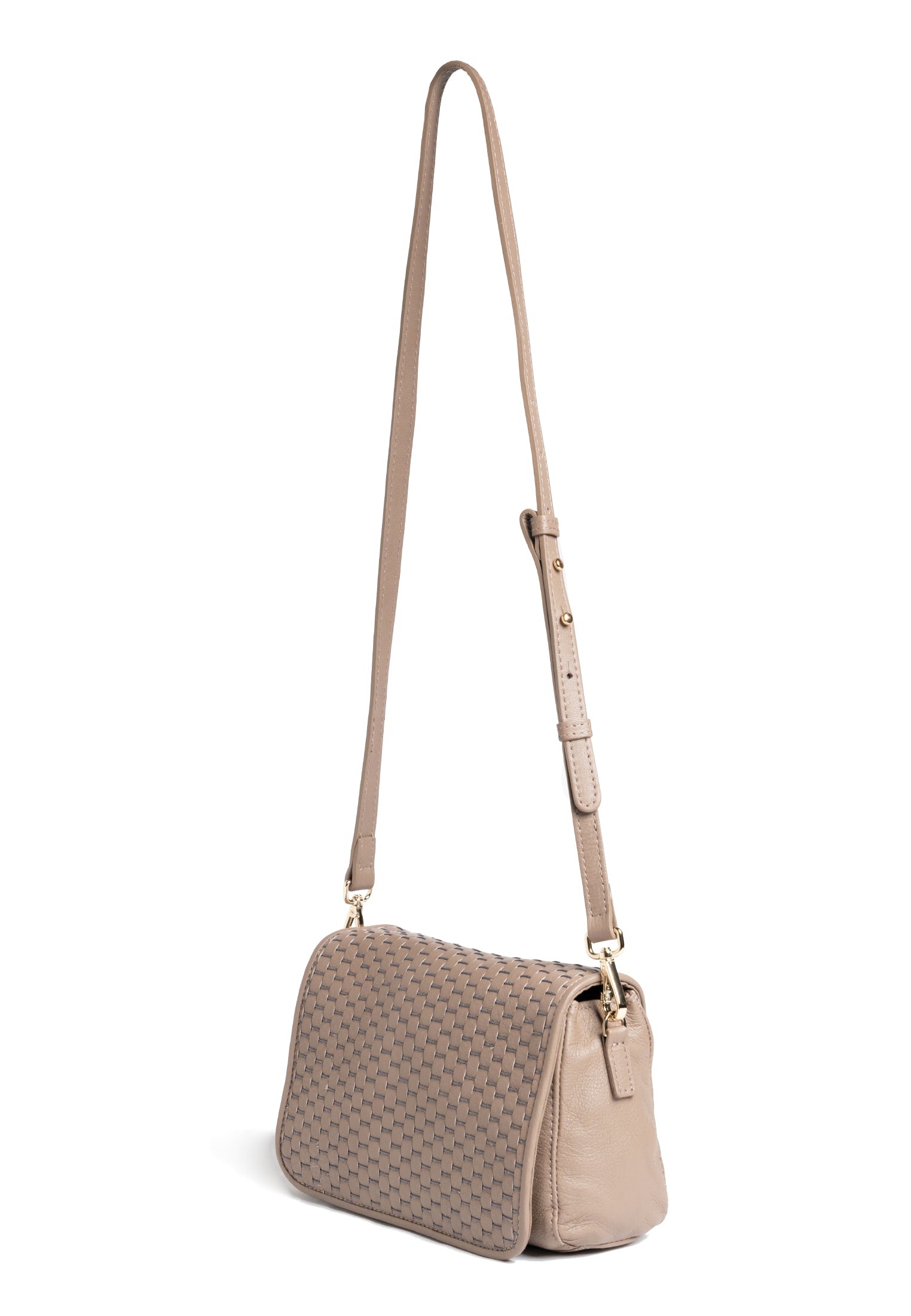 Parise 47 bag side profile, showcasing woven leather texture and comfortable shoulder strap