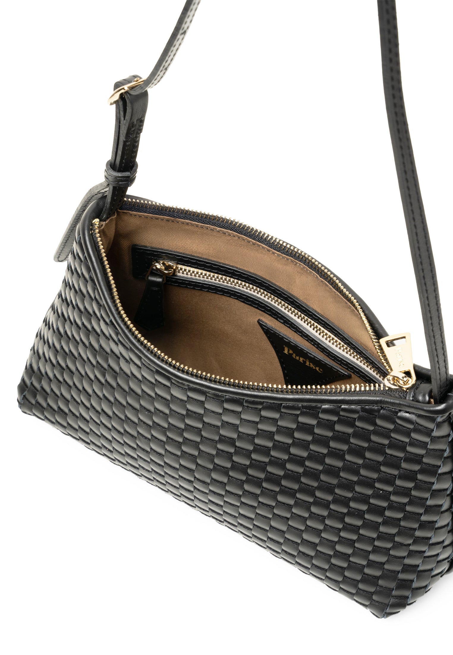 Open view of the 81 Baguette Bag, displaying the zip closure and spacious interior.