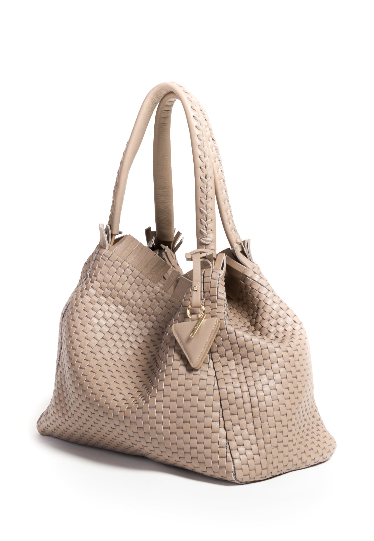 Side profile of the 09 Regular Acacia bag, highlighting its structured silhouette and warm grey tone