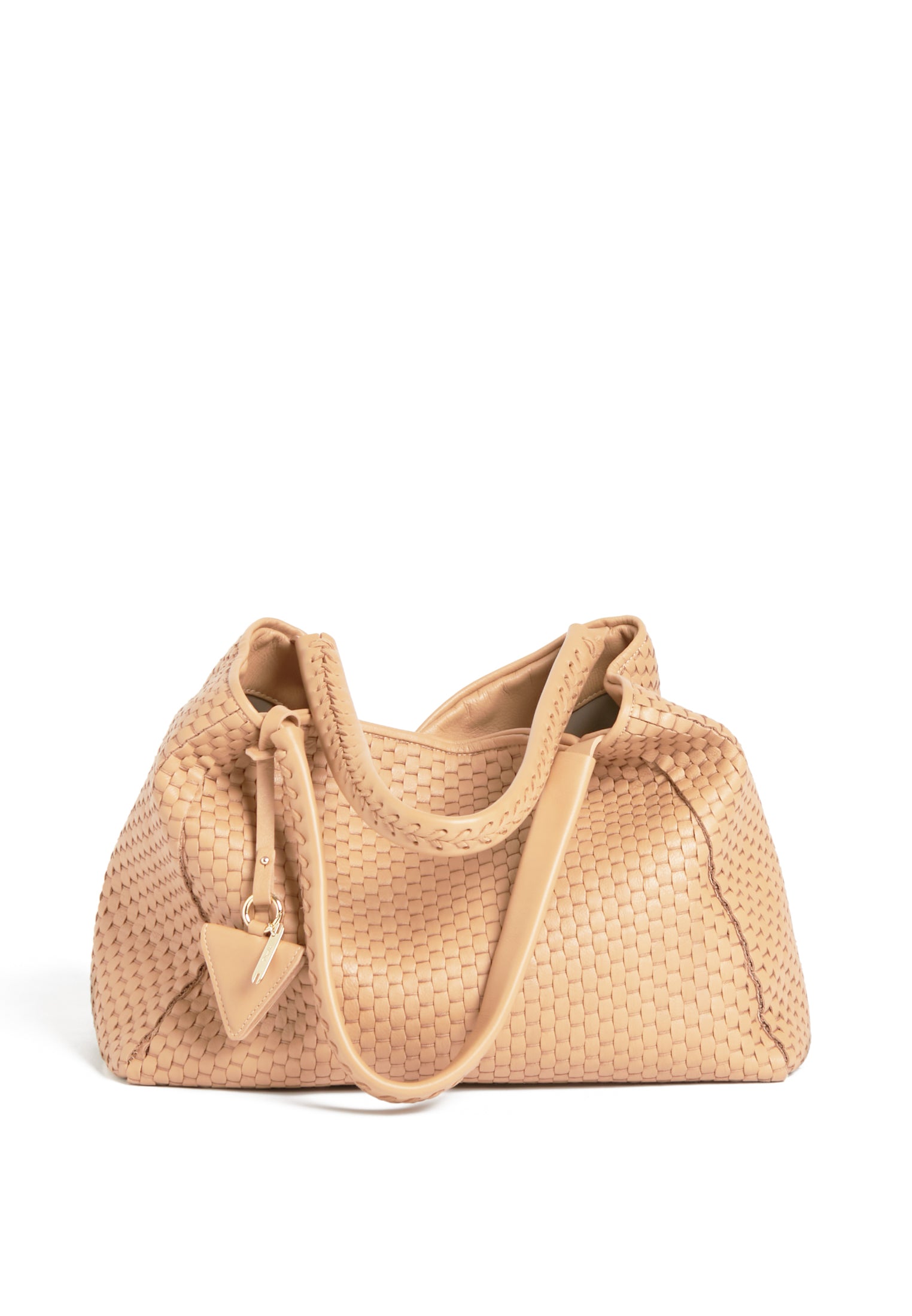 Close-up of the handle on the 09 Plain Camel bag, showcasing the detailed weaving and durable craftsmanship