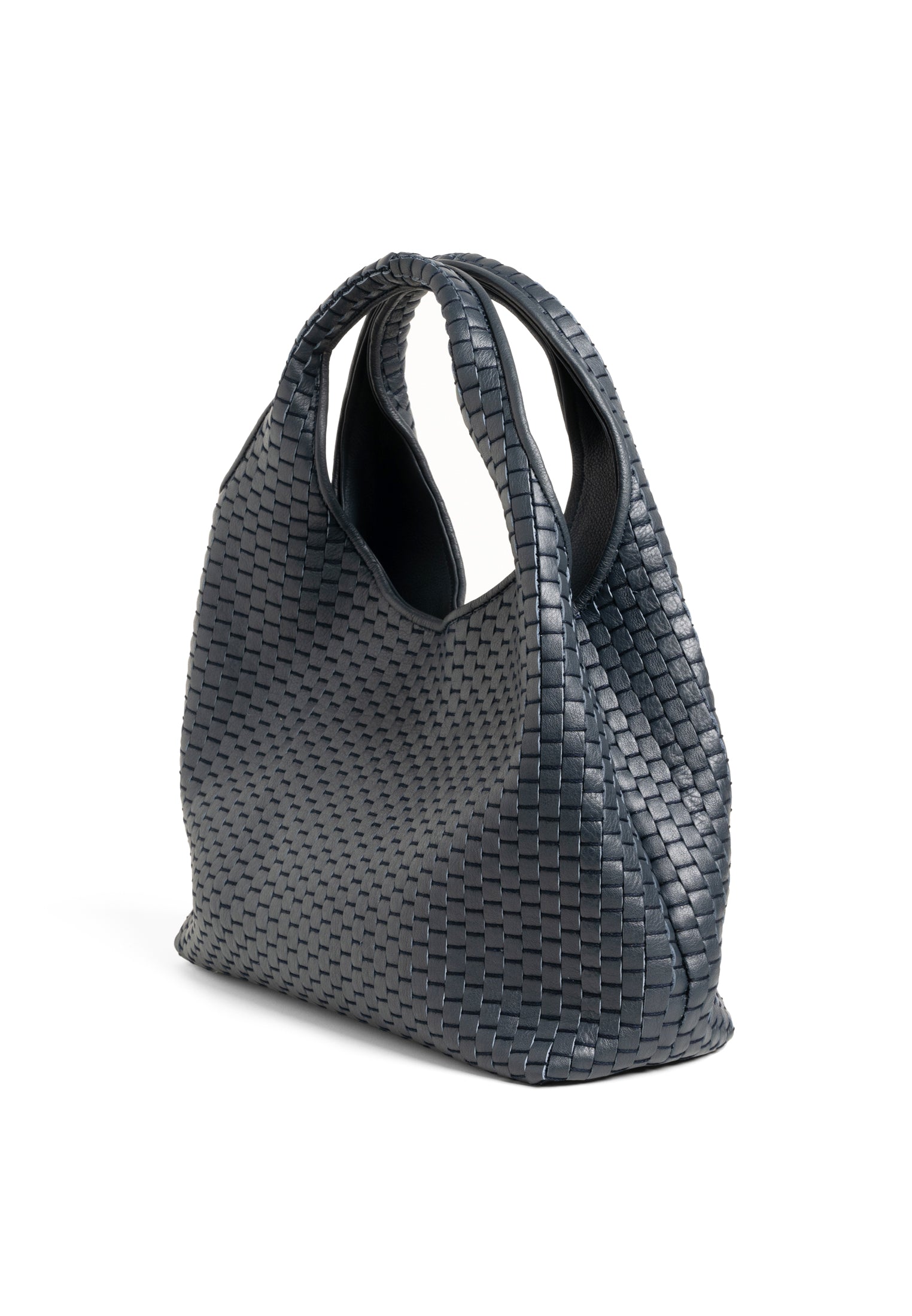 Side profile of the Parise 1312 Handlebag in Navy Blue, highlighting the intricate handwoven leather craftsmanship