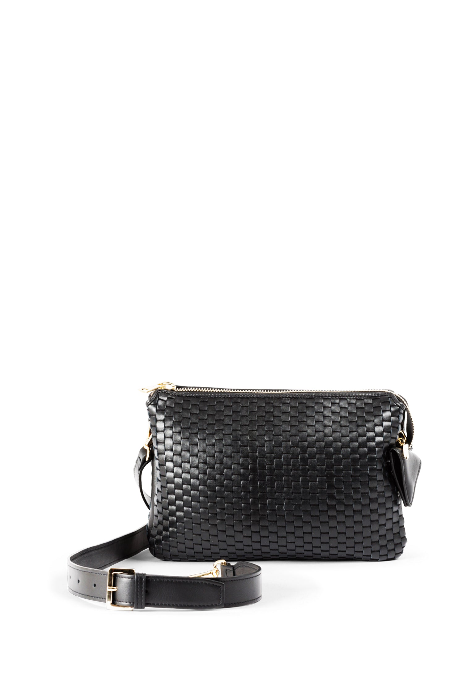 Front view of the 21 Crossbody bag by Parise, showing its intricate weave made on 18th century treadle looms.