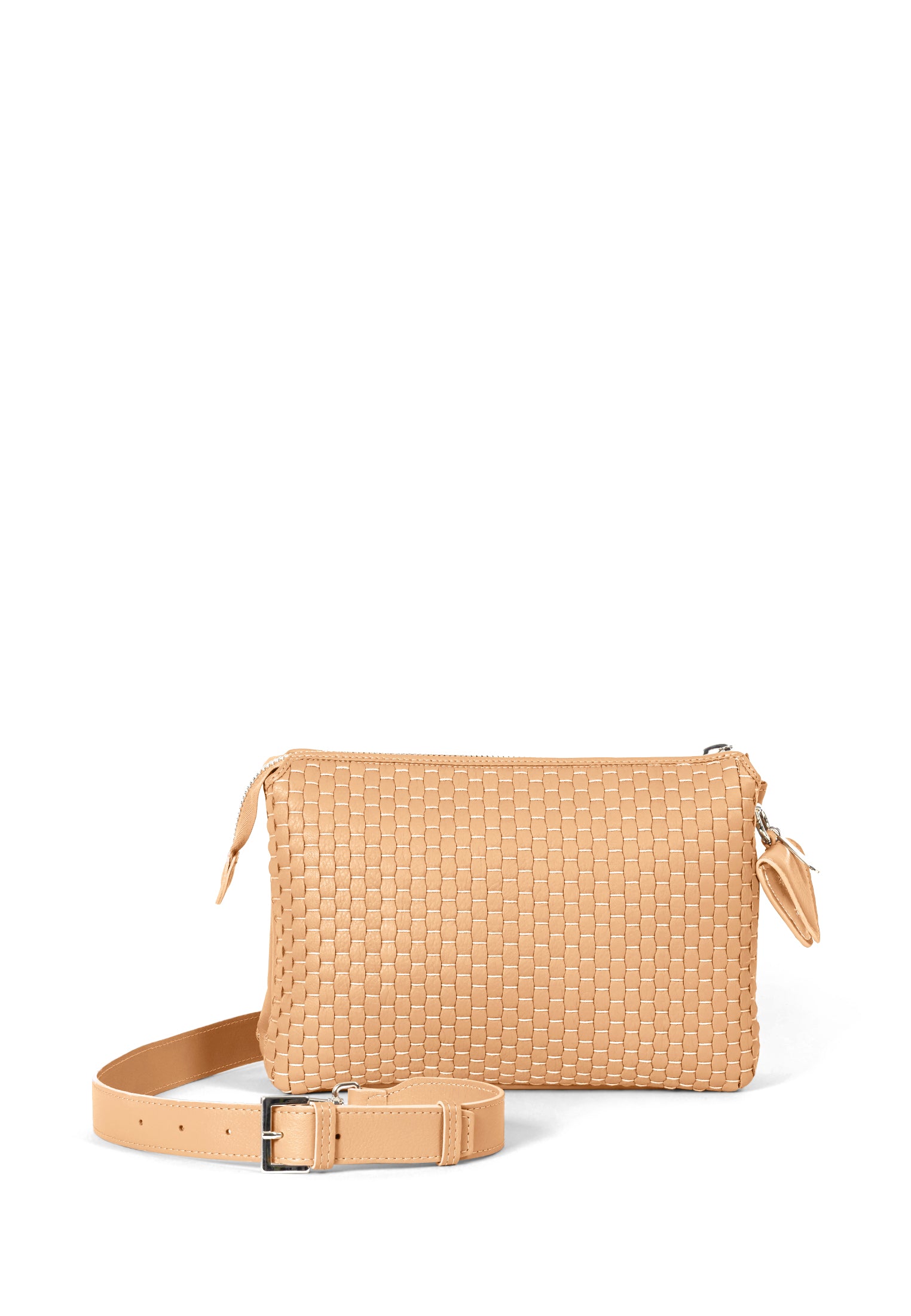 Front view of the 21 Crossbody bag by Parise, showing its intricate weave made on 18th century treadle looms.