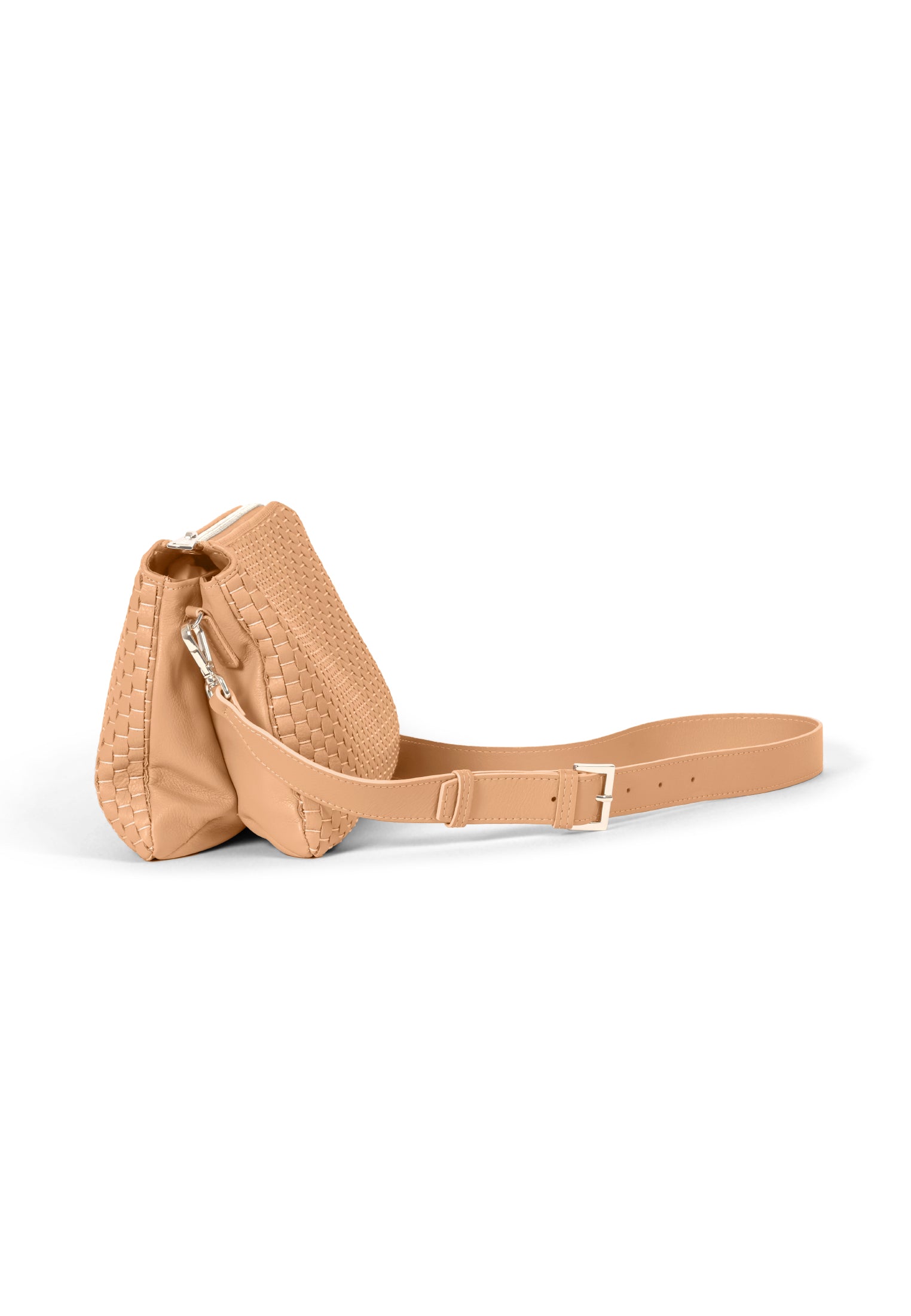 Side profile of the 21 Crossbody Bag, showcasing the intricate leather weaving