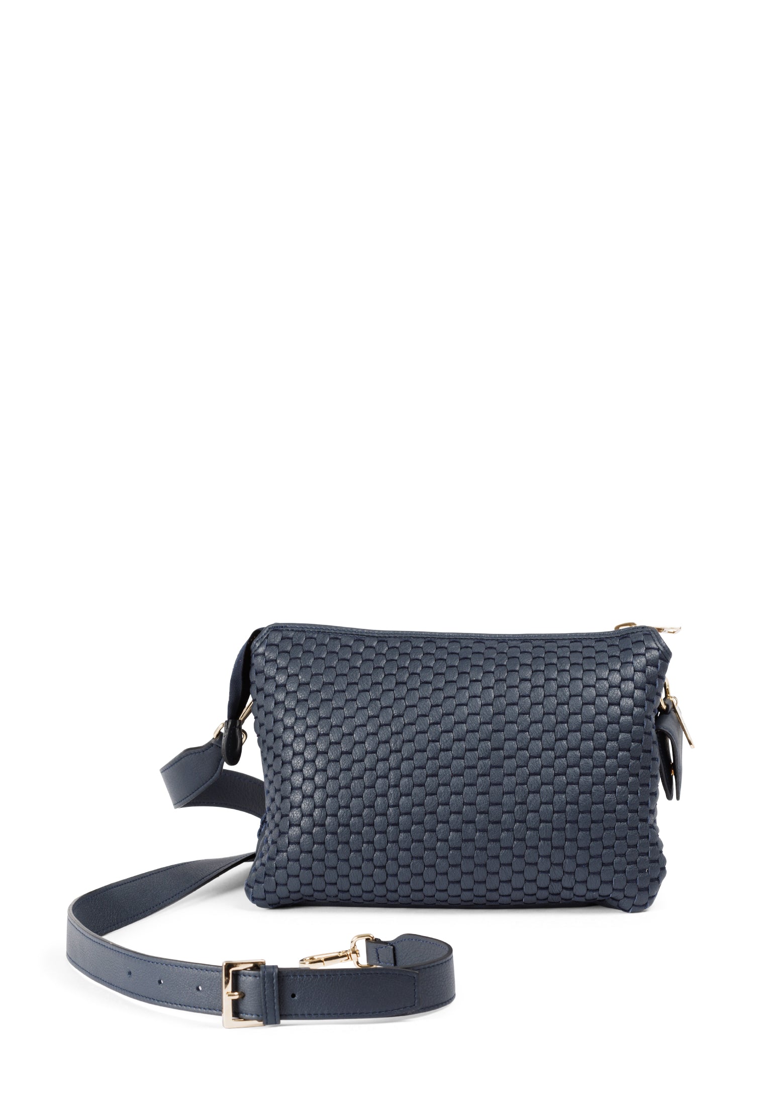 Front view of the 21 Crossbody bag by Parise, showing its intricate weave made on 18th century treadle looms.
