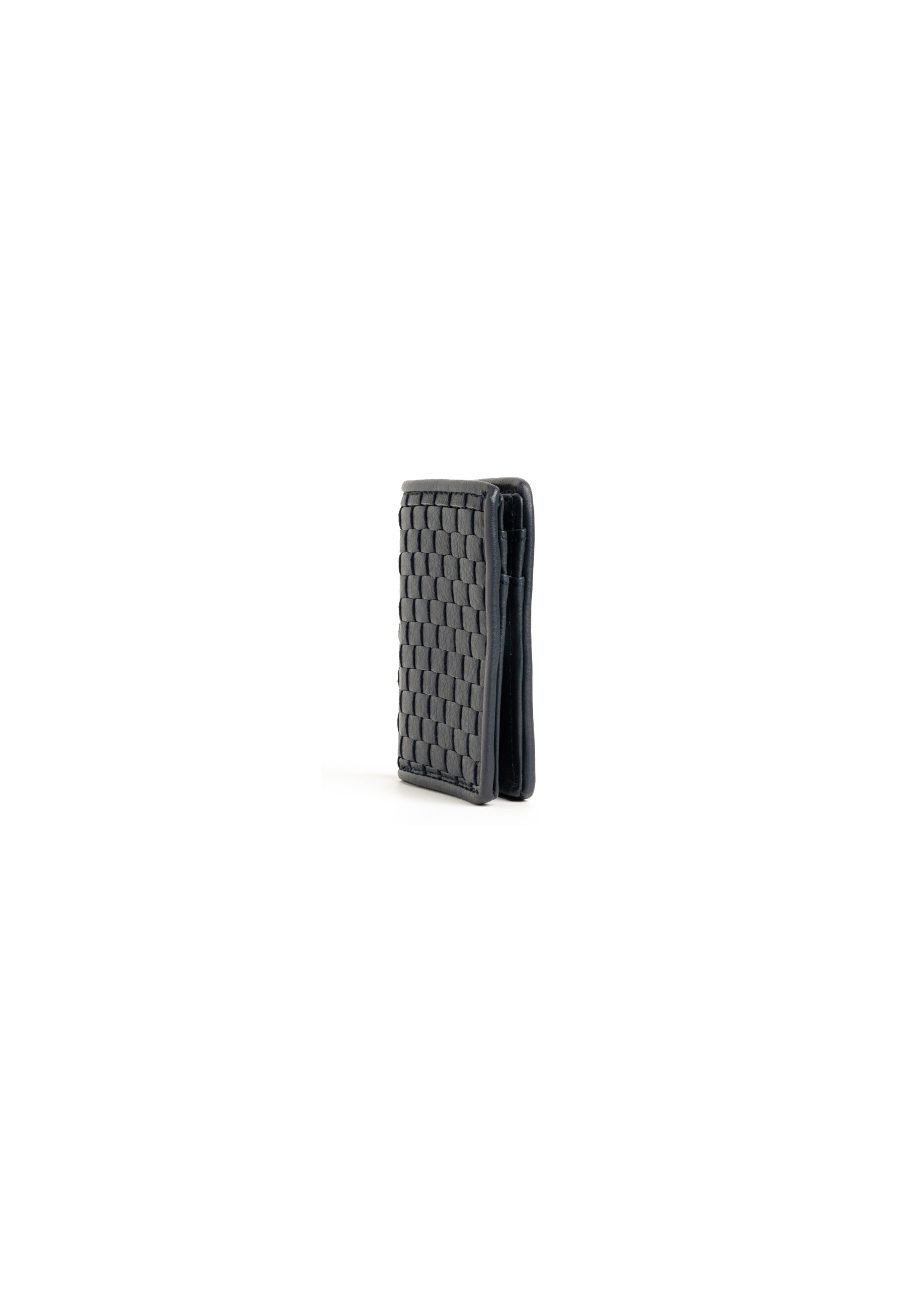 Elegant Parise woven leather cardholder, side perspective.
