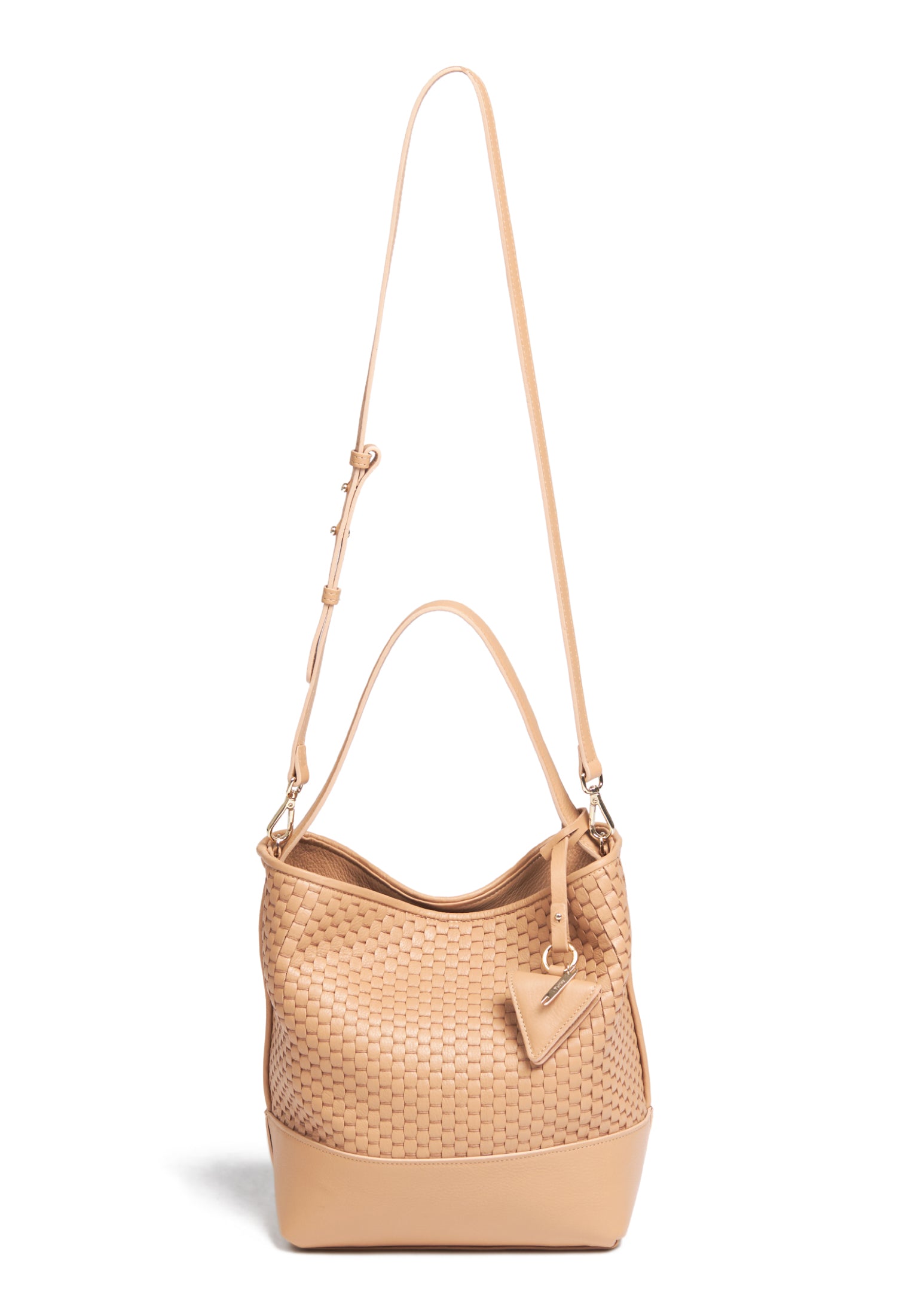 Parise 51 Large Bucket Bag front view showing the adjustable and removable shoulder strap in its full length.